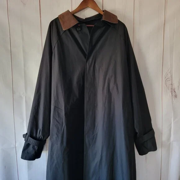 London Fog Men’s Sz 46 Long Black Trench Coat, Lined, Button Front, EUC